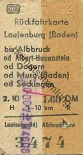 Deutschland - Rückfahrkarte Laufenburg (Baden) bis Albbruck oder Albert-Hauenstein oder Dogern oder Murg (Baden) oder Sä