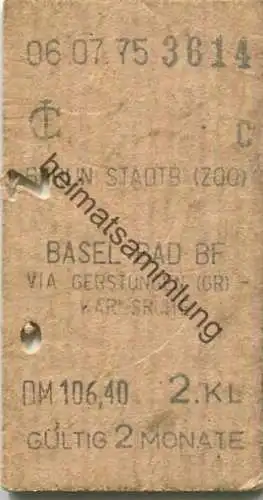 Deutschland - Berlin Stadtbahn (Zoo) Basel Bad BF via Gerstungen (GR) Karlsruhe - Fahrkarte 2. Klasse 1975