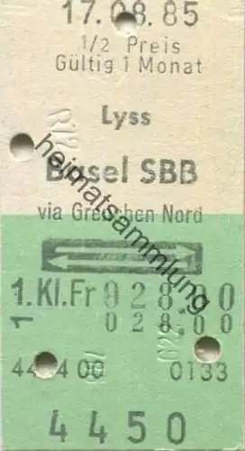 Schweiz - Lyss Basel SBB via Grenchen Nord retour - Fahrkarte 1. Klasse 1985