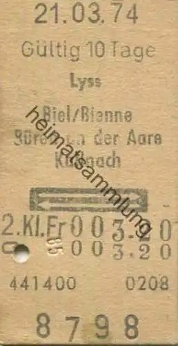 Schweiz - Lyss Biel/Bienne Büren an der Aare Kallnach retour - Fahrkarte 1974
