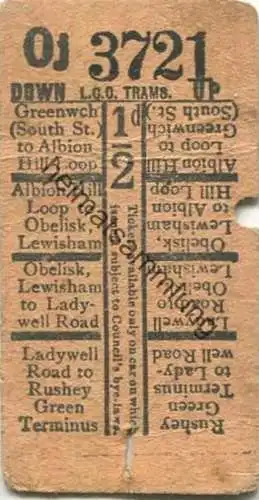 Grossritannien - London - London County Council Tramways L.C.C. Trams - Ticket - Fahrschein