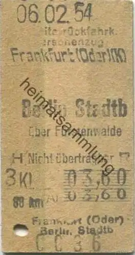 Deutschland - Frankfurt (Oder) - Berlin Stadtbahn über Fürstenwalde - Rückfahrkarte 3. Klasse 1954