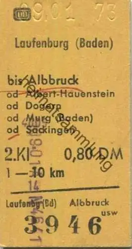 Deutschland - Laufenburg (Baden) Albbruck oder Albert-Hauenstein Dogern Murg (Baden) Säckingen - Fahrkarte 1973