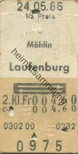 Schweiz - Möhlin Laufenburg retour - 1/2 Preis Fahrkarte 1986