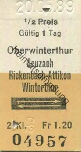 Schweiz - Oberwinterthur Seuzach Rickenbach-Attikon Winterthur retour - Fahrkarte 1989