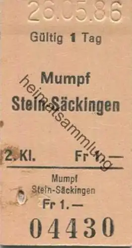 Schweiz - Mumpf Stein-Säckingen einfach - Fahrkarte 1986