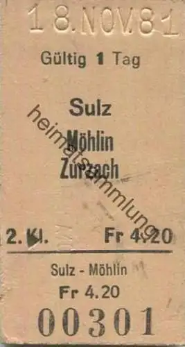 Schweiz - Sulz Möhlin Zurzach einfach - Fahrkarte 1981