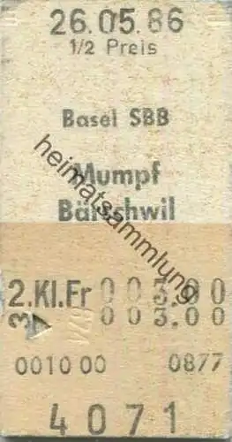 Schweiz - Basel SBB Mumpf Bärschwil einfach - 1/2 Preis - Fahrkarte 1986