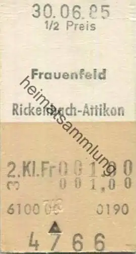 Schweiz - Frauenfeld Rickenbach-Attikon einfach - 1/2 Preis - Fahrkarte 1985