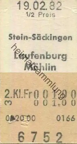 Schweiz - Stein-Säckingen - Laufenburg Möhlin einfach 1/2 Preis - Fahrkarte 1982