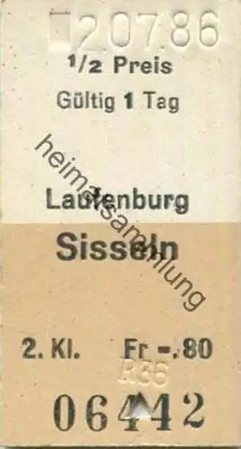 Schweiz - Laufenburg Sisseln einfach - Fahrkarte 1986