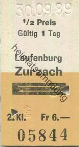 Schweiz - Laufenburg - Zurzach retour 1/2 Preis - Fahrkarte 1989