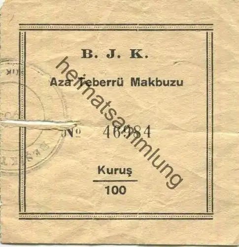 Türkei - B.J.K. Beşiktaş Jimnastik Kulübü - Aza Teberrü Makbuzu Kurus 100 - Besiktas Istanbul - Spendenbescheinigung