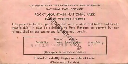 USA - Rocky Mountain National Park - 15 Day Vehicle Permit