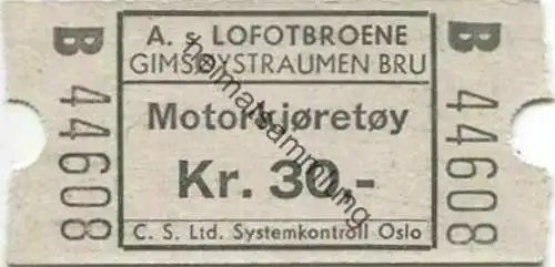 Norwegen - A. s Lofotbroene - Gimsoystraumen Bru - Motorkjoretoy - Gebührenkarte