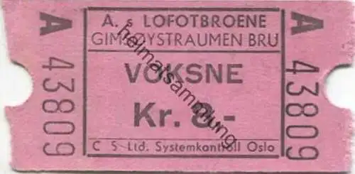 Norwegen - A. s Lofotbroene - Gimsoystraumen Bru - Voksne - Gebührenkarte