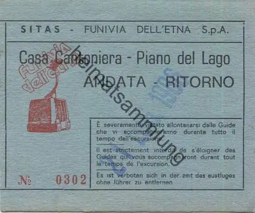 Italien - SITAS Funivia dell'Etna S.p.A. Casa Cantoniera - Piano del Lago - andate ritorno - Fahrschein 1986