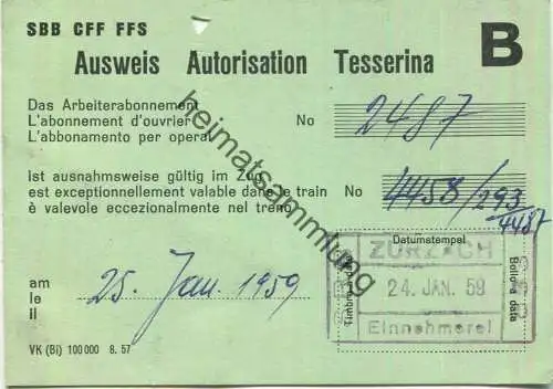 Schweiz - Ausweis - Das Arbeiterabonnement SBB ist ausnahmsweise gültig im Zug - 1959