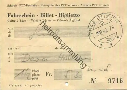 Schweiz - Schweizerische PTT-Betriebe - Fahrschein 1976 - Susch Davos