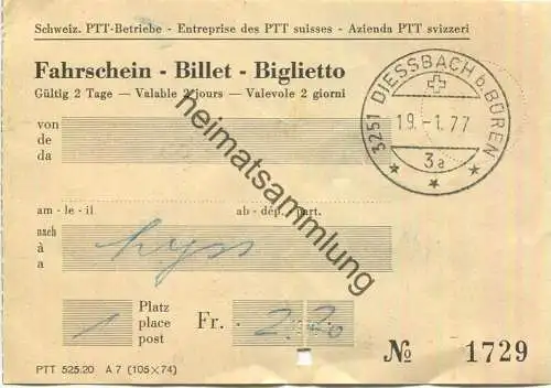 Schweiz - Schweizerische PTT-Betriebe - Fahrschein 1977 - Diessbach bei Büren Lyss