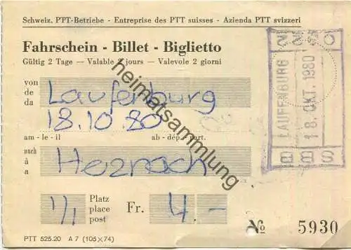 Schweiz - Schweizerische PTT-Betriebe - Fahrschein 1980 - Laufenburg Herznach