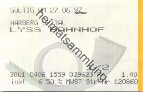 Schweiz - Postauto 1997 - Aarberg Spital Lyss Bahnhof Fahrschein 1/2 Preis