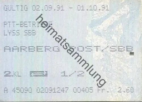 Schweiz - PTT-Betriebe - Lyss SBB Aarberg Post/SBB - Fahrschein 1991 1/2 Preis