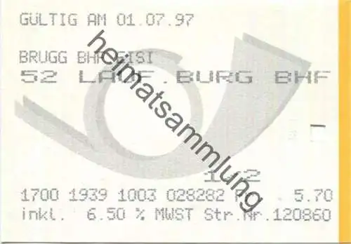 Schweiz - Postauto 1997 - Brugg BHF Eisi Laufenburg Bahnhof - Fahrschein 1/2 Preis