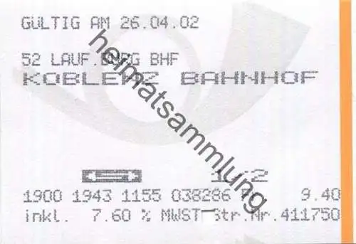 Schweiz - Postauto 2002 - Laufenburg BHF Koblenz BHF - Fahrschein retour 1/2 Preis