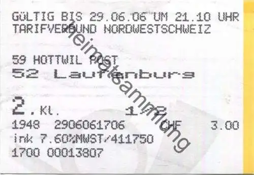 Schweiz - Tarifverbund Nordwestschweiz - Postauto - Hottwil Post Laufenburg - Fahrschein 2006 1/2 Preis
