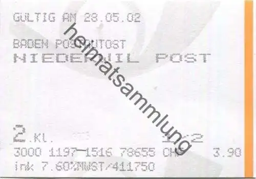 Schweiz - Postauto 2002 - Baden Postautostation Niederwil Post - Fahrschein 2.Kl 1/2 Preis