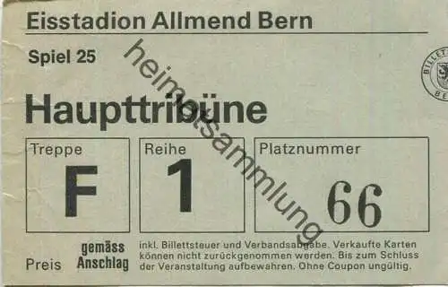 Schweiz - Eisstadion Allmend Bern - Spiel 25 - Haupttribüne - Eintrittskarte