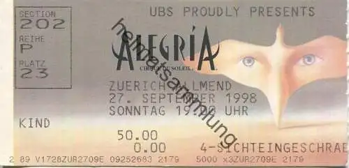 Schweiz - Zürich Allmend - Algeria (Cirque du Soleil) - Eintrittskarte 1998 Kind