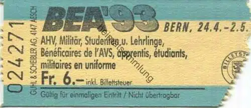Schweiz - BEA 93 Ausstellung Bern - Eintrittskarte AHV Militär Studenten und Lehrlinge - inkl. Tram- und Bus-Billett