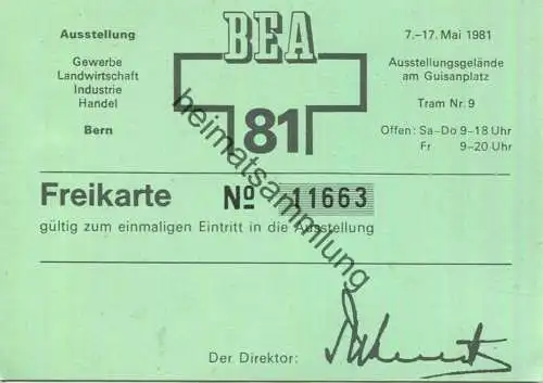Schweiz - BEA 81 Ausstellung Bern - Eintrittskarte - Freikarte