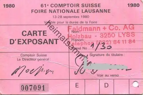 Schweiz - Lausanne - 61. Comptoir Suisse Foire Nationale Lausanne - Cart d'Exposant - Eintrittskarte