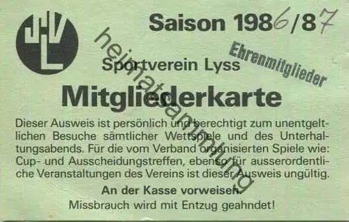 Schweiz - Sportverein Lyss - Mitgliederkarte Saison 1986/87 Ehrenmitglied
