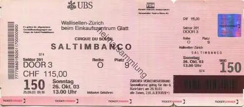 Schweiz - Zürich - Wallisellen - Cirque du Soleil Asltimbanco - Eintrittskarte 2003