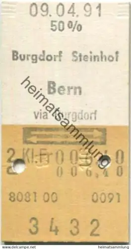 Schweiz - Burgdorf Steinhof Bern via Burgdorf retour - Fahrkarte 50% 1991