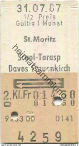 Schweiz - St. Moritz Scuol-Tarasp Davos Frauenkirch retour - Fahrkarte 1/2 Preis 1987