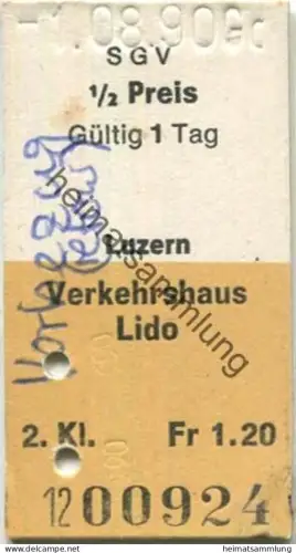 Schweiz - SGV Schifffahrtsgesellschaft des Vierwaldstättersees - Luzern Verkehrshaus Lido einfach - Fahrkarte 1/2 Preis