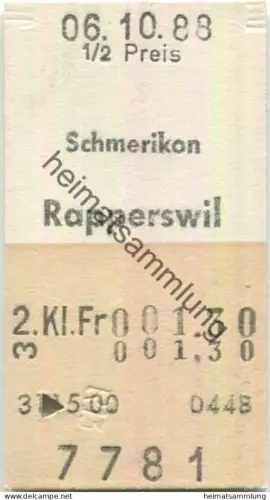 Schweiz - Schmerikon Rapperswil einfach - Fahrkarte 1/2 Preis 1988