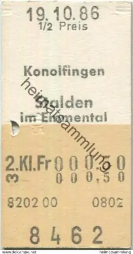 Schweiz - Konolfingen Stalden im Emmental einfach - Fahrkarte 1/2 Preis 1986