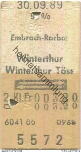 Schweiz - Embrach-Rorbas Winterthur Winterthur Töss retour - Fahrkarte 50% 1989