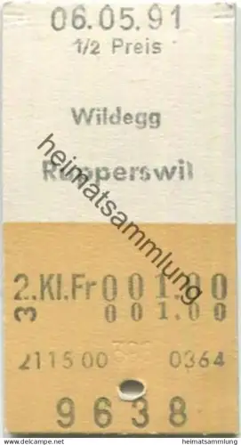 Schweiz - Wildegg Rupperswil einfach - Fahrkarte 1/ Preis 1991