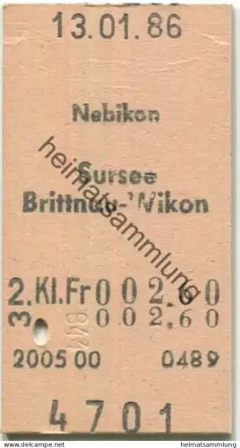 Schweiz - Nebikon Sursee Brittnau-Wikon einfach - Fahrkarte 1986
