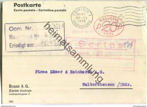 Zürich - Postkarte - Braun AG - gelaufen 1938
