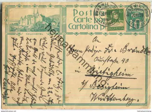 Neuchatel - Bildpostkarte - Ganzsache - gelaufen 1928
