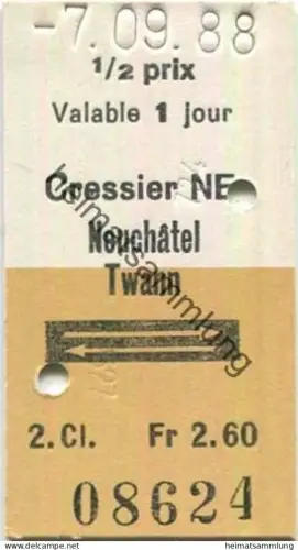 Schweiz - Cressier NE Neuchatel Twann retour - Fahrkarte 1/2 prix 1988