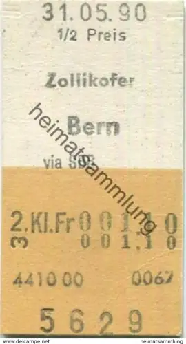 Schweiz - Zollikofen Bern via SBB einfach - Fahrkarte 1/2 Preis 1990